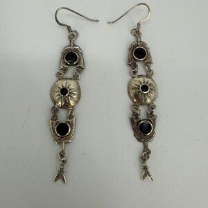 Vintage Sterling Silver 925 Dangle Earrings Black Onyx Southwestern 2 1/2"